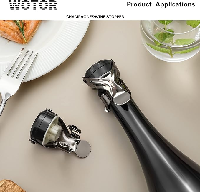 WOTOR Champagne&Wine Bottle Stoppers Stainless Steel with Food Grade Silicone, Leak Proof Keep Fresh Reusable Saver, Cork Suitable for Wine, Champagne, Cava, Prosecco and Sparkling (6 Pack Black)