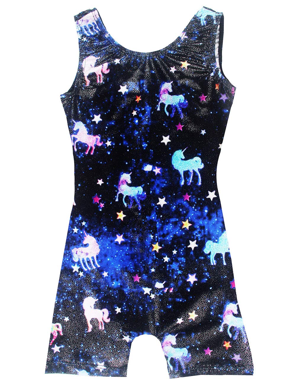 TENVDA Gymnastics Leotards for Girls 5-6 Years Old Sparkly Blue Starry Sky Sleeveless Biketard Tumbling Unitard