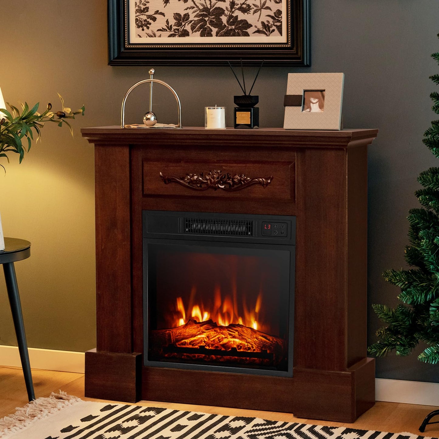 COSTWAY 32-inch Electric Fireplace with Mantel, 1400W Freestanding Fireplace Heater with Remote Control, Thermostat, 6H Timer, Adjustable 3D Flame Effect, Fireplace Mantel for Living Room, Brown