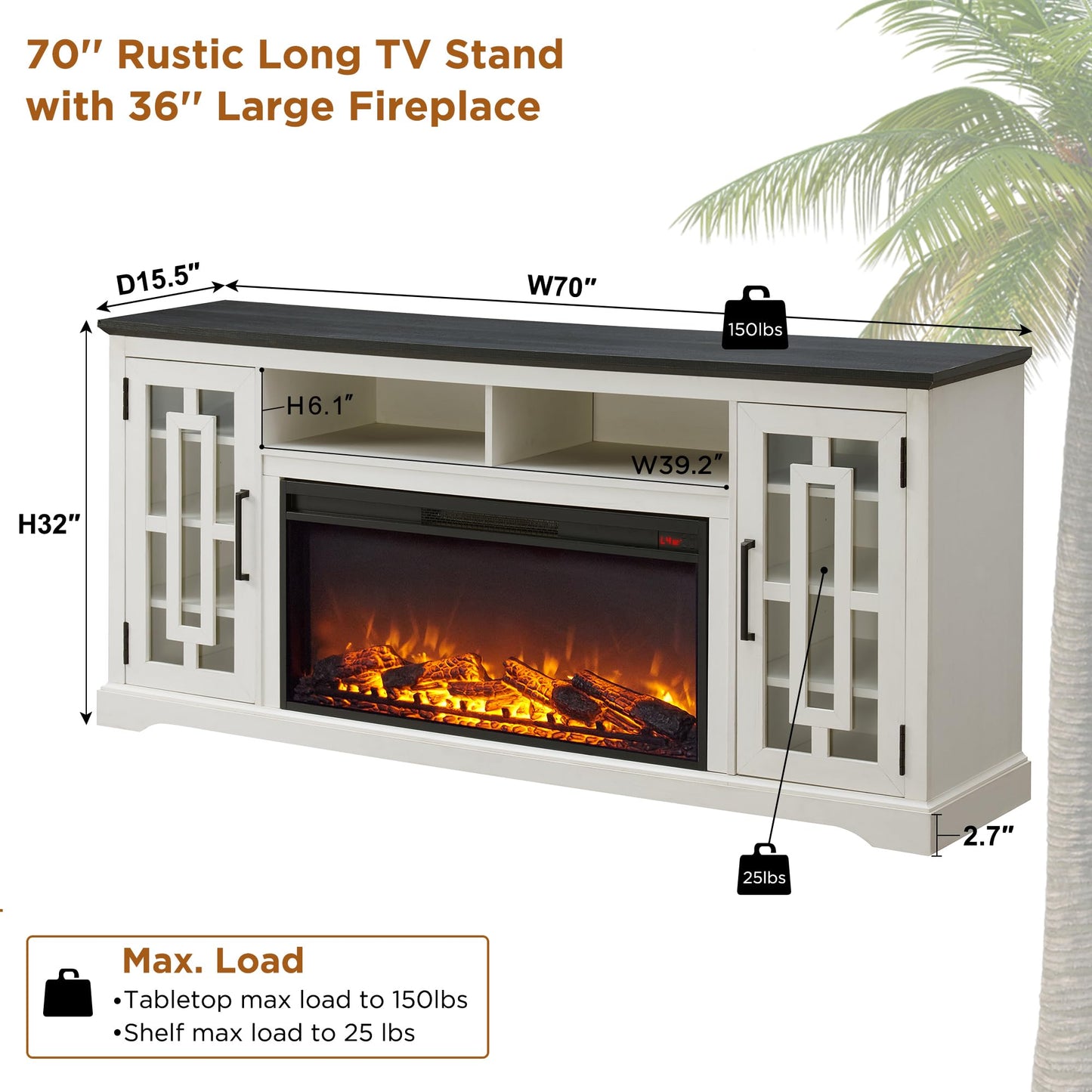 JXQTLINGMU Farmhouse Fireplace TV Stand with 36" Electric Fireplace for 80 Inch TV, 32" Tall Entertainment Center, Modern Media Console, 6 Shelves Storage Cabinet for Living Room, Distressed White