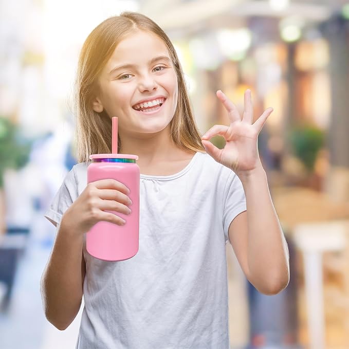 4 Pack Glass Cups with Lids and Straws, 16 oz Stainless Steel Cups, Insulated Skinny Tumbler, Powder Coated Travel Tumblers for Laser Engrave, Iced Coffee Cup for Smoothie Water DIY Gift(Pink,4 pack)