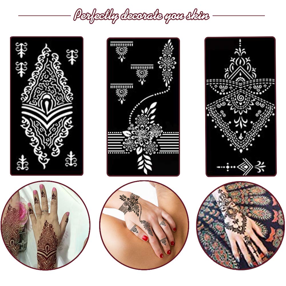 Koogel Henna Tattoo Stencil Kit 18 Sheets 97 PCS, Glitter Airbrush Flower Stencils for Body Art, Face Painting, Mehndi Designs, Women & Girls, Arabian Realistic Temporary Tattoos