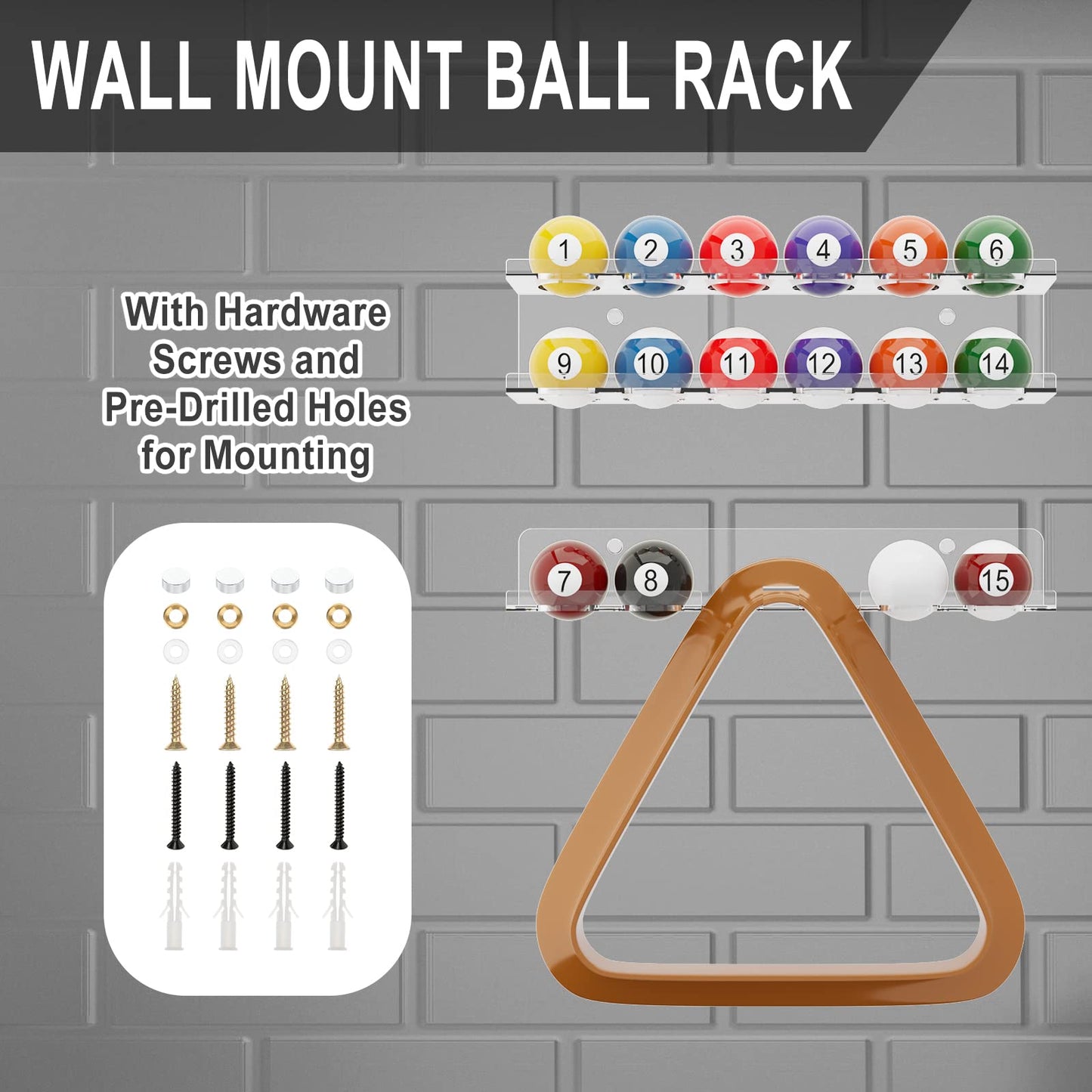 Cosmos Acrylic Billiard Ball Storage Shelf Set Pool Ball Wall Mount Rack Pool Accessory Wall Holder for 16 Balls Billiard Pool Ball Cue Ball Billiard Ball Rack in Billiard Room Bar (Transparent Clear)