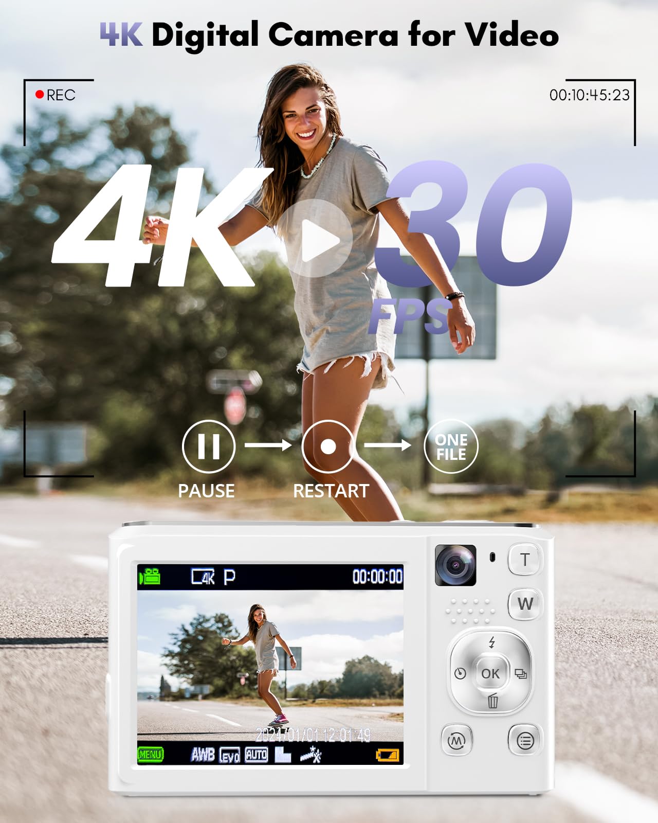 4K Digital Camera, 48MP Autofocus Cameras for Photography,Vlogging Compact Camera with Front and Rear Camera, 16X Zoom Protable Point and Shoot Cameras with 32GB SD Card,Anti-Shake,2 Batteries