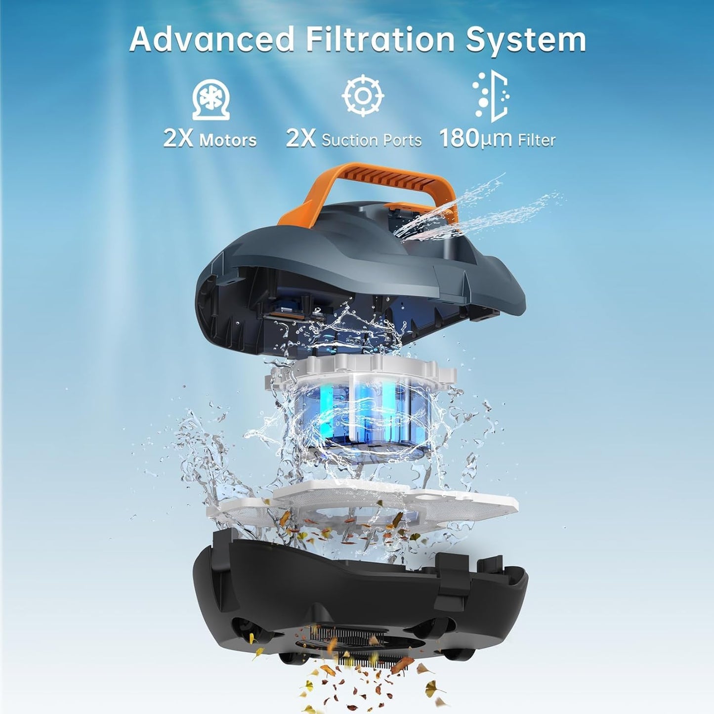 Coasteering Robotic Pool Cleaner, Cordless Pool Vacuum Robot with 100 Mins Runtime, Fast Charging, Powerful Suction, Self-Parking, Ideal for Above Ground Pools up to 850 Sq.ft, Blue Grey