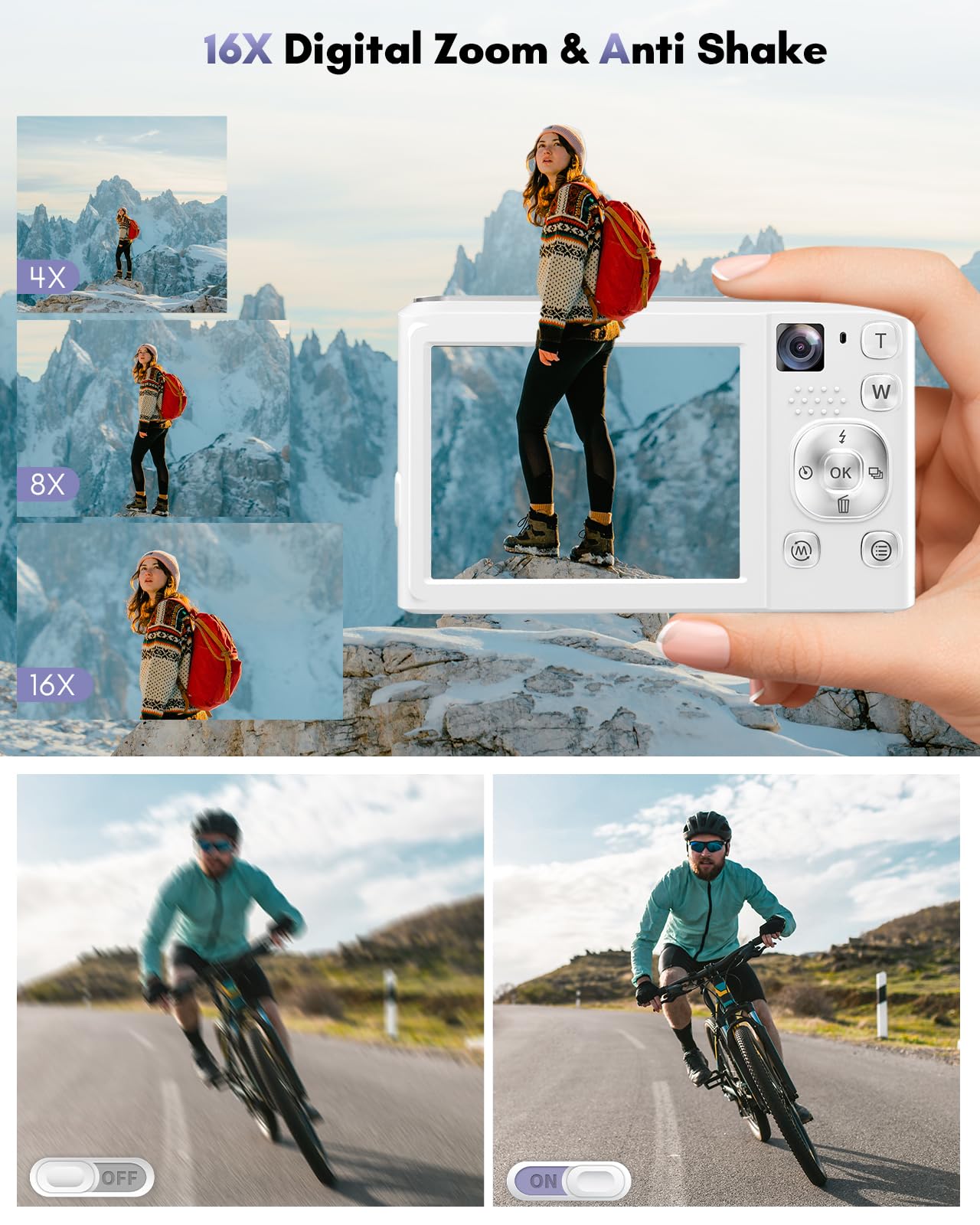 4K Digital Camera, 48MP Autofocus Cameras for Photography,Vlogging Compact Camera with Front and Rear Camera, 16X Zoom Protable Point and Shoot Cameras with 32GB SD Card,Anti-Shake,2 Batteries