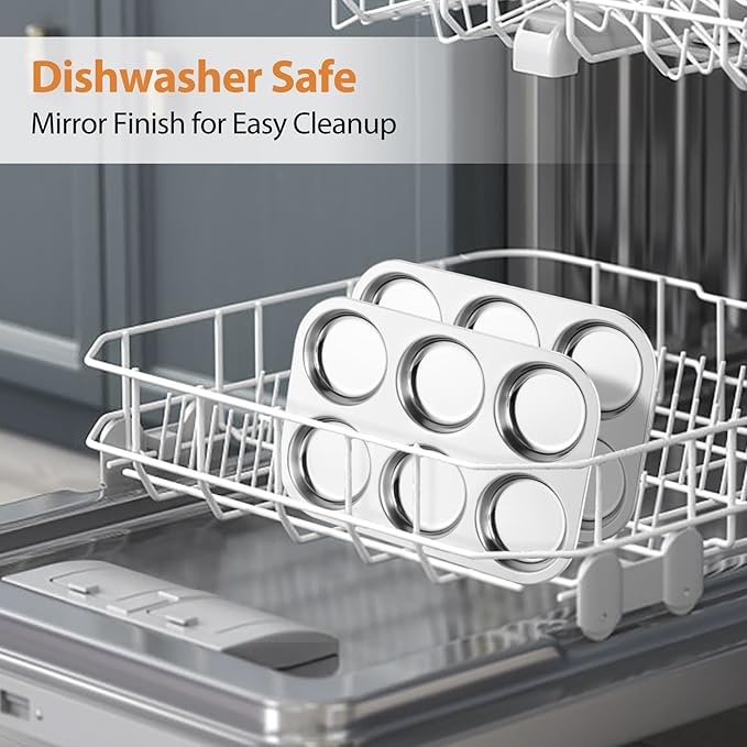 E-far Muffin Top Pan Set of 2, Stainless Steel 6-Cavity Shallow Cupcake Pan for Baking Whoopie Pie, Yorkshire Pudding, Eggs, Cornbread, Drop Cookies, Non-toxic & Standard Size, Oven & Dishwasher Safe