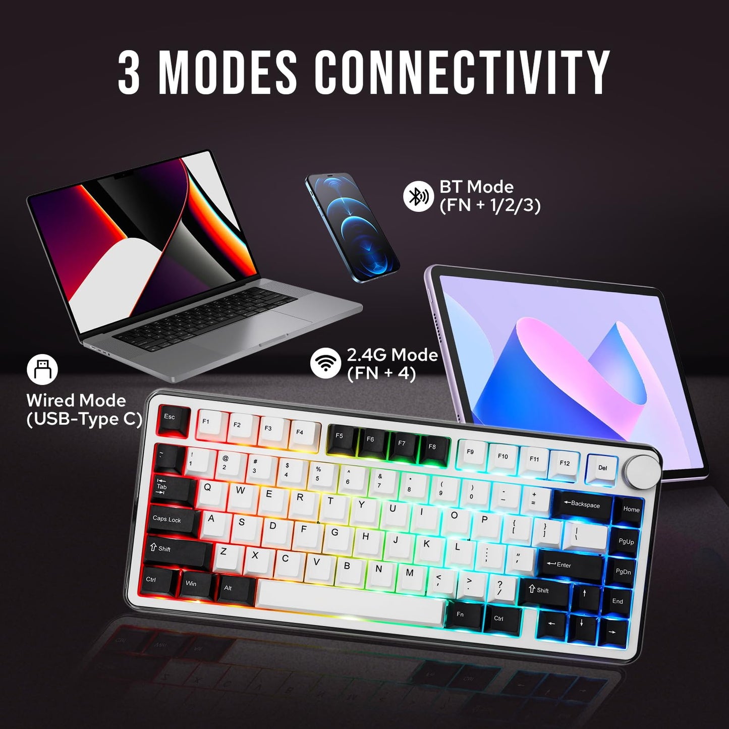 KiiBoom Breeze 75 75% CNC Aluminum and Acrylic Mechanical Gaming Keyboard, USB-C/BT5.0/2.4GHz Wireless Creamy Keyboard, with Gasket Structure, RGB, 8000mAh Battery for Win/Mac (Black)