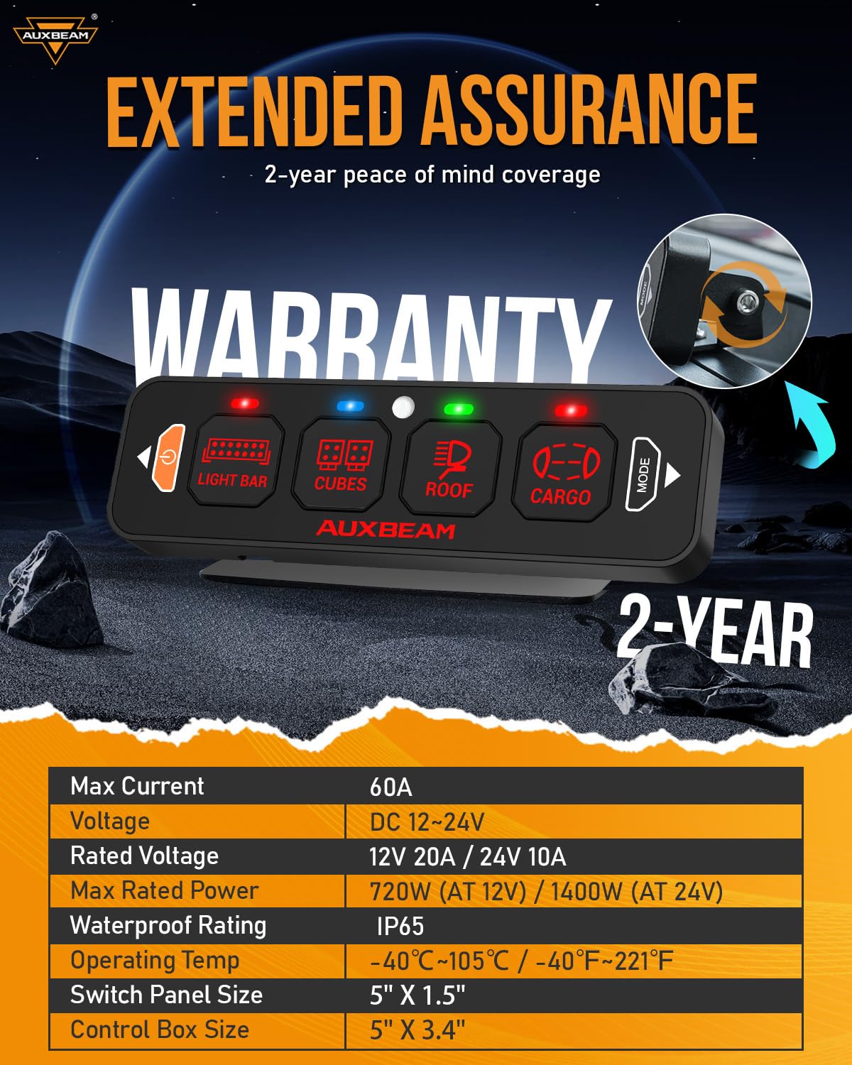 Auxbeam 4 Gang Slim Switch Panel Bluetooth RGB AS-400 with APP&Wireless Remote Control Toggle Momentary Pulsed Dimmable Switch Pod Backlit Off Switch Box for Offroad Truck Waterproof,2-Year Warranty