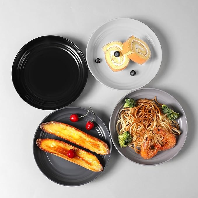 12 Pcs Unbreakable Deep Dessert Plates Set, 8 inch Reusable Plastic Wheat Straw Plates, Microwave and Dishwasher Safe Plate for Kitchen, Lightweight Plate for Dessert, BPA Free, Black