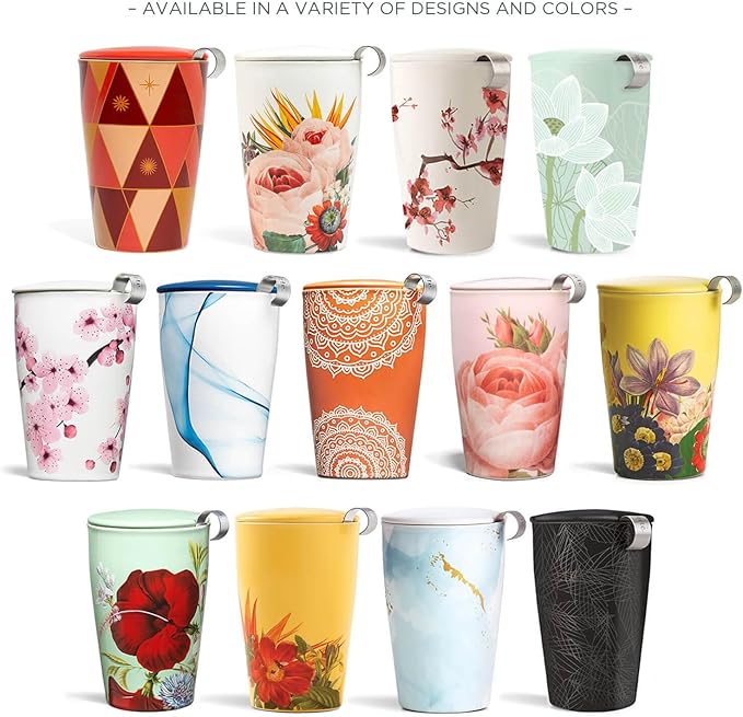 Tea Forte Double-Walled Ceramic Kati Cup, Removable Stainless Steel Infuser Basket and Lid, Steeps 12 oz Loose Leaf Tea, Dishwasher & Microwave Safe, Gifts for Mom, Hanami