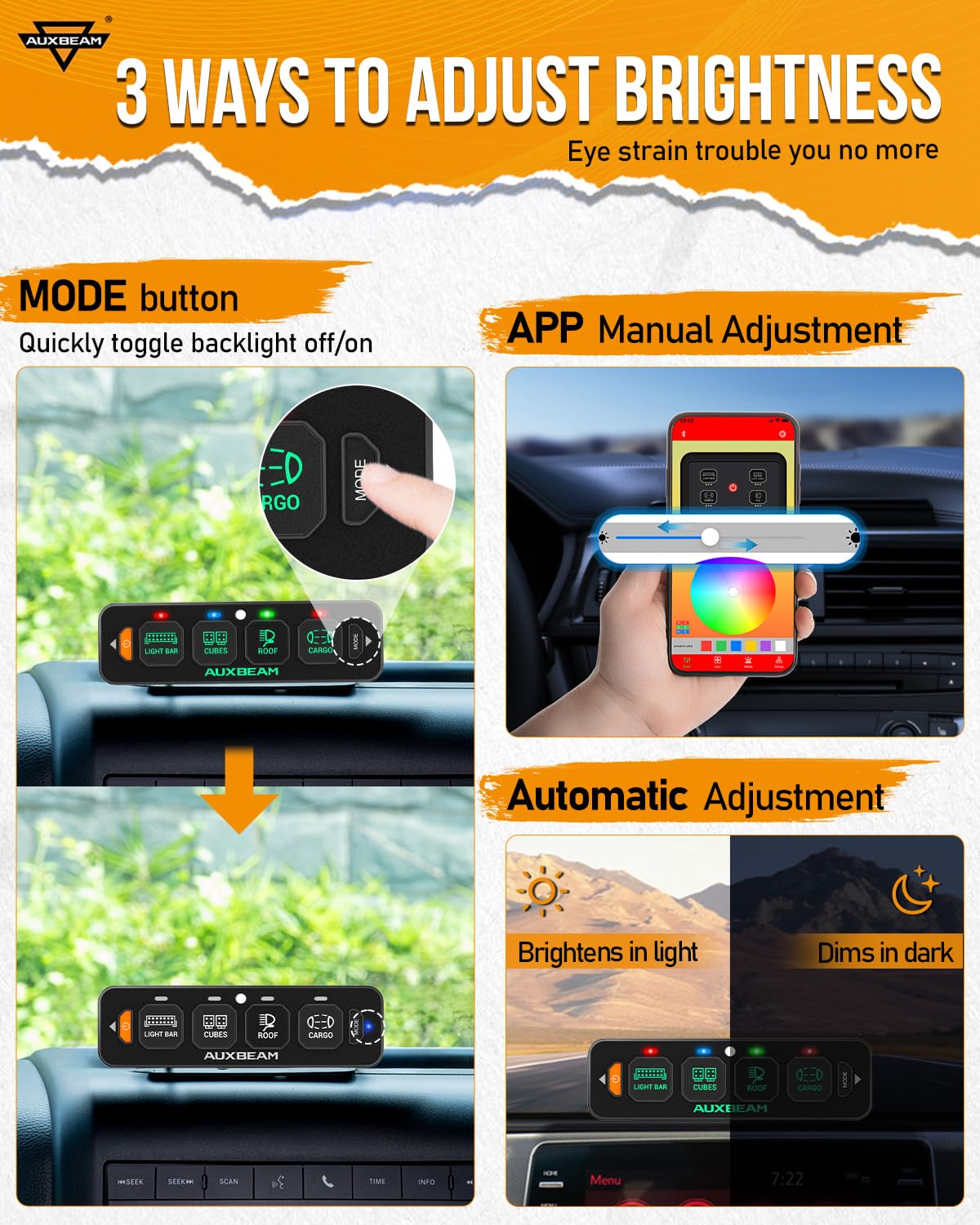Auxbeam 4 Gang Slim Switch Panel Bluetooth RGB AS-400 with APP&Wireless Remote Control Toggle Momentary Pulsed Dimmable Switch Pod Backlit Off Switch Box for Offroad Truck Waterproof,2-Year Warranty