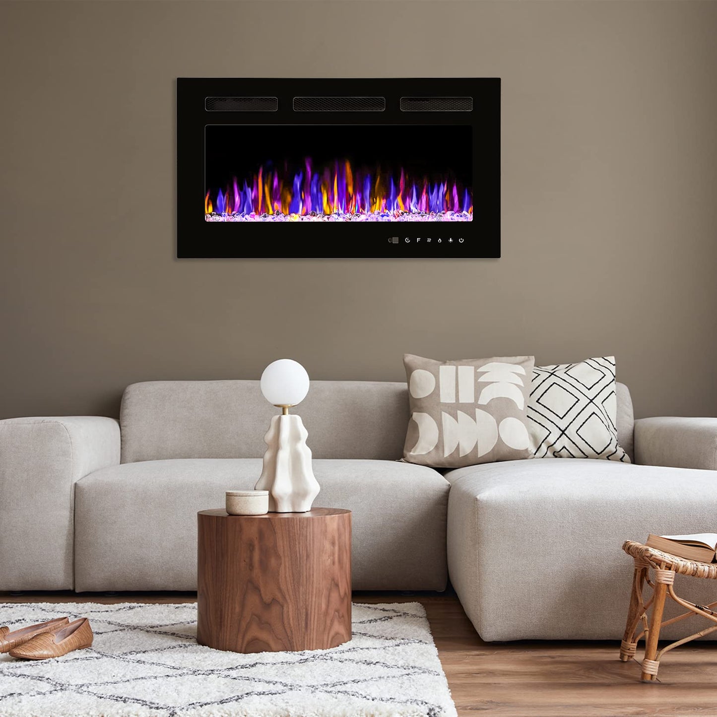 BETELNUT 30" Electric Fireplace Wall Mounted and Recessed with Remote Control, 750/1500W Ultra-Thin Wall Fireplace Heater W/Timer Adjustable Flame Color and Brightness, Log Set & Crystal Options