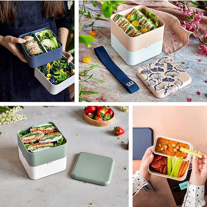 monbento - Large Bento Lunch Box MB Square Blue Natural with 2 Compartments - 57 oz - Leakproof Lunch Box for Work/Picnic/Meal Prep - BPA Free - Microwave & Dishwasher Safe - Blue