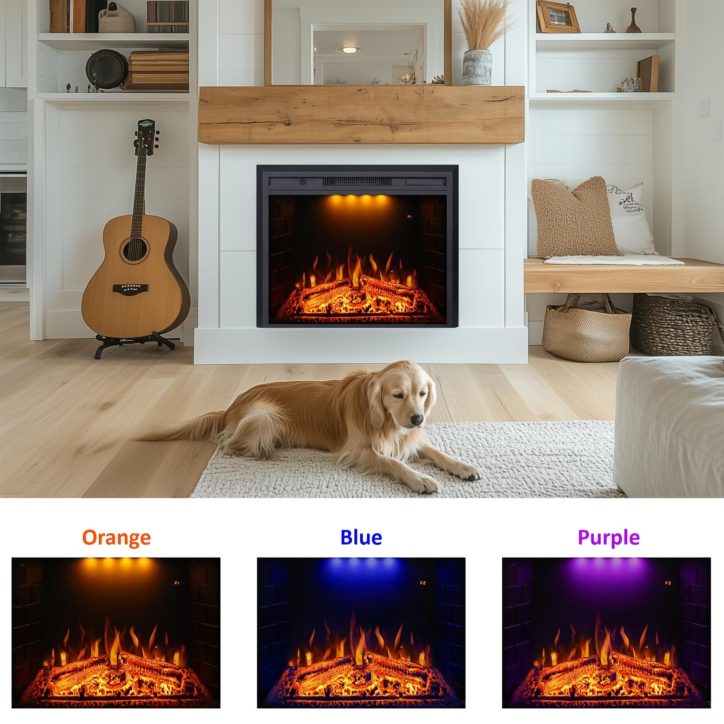 Valuxhome 43 Inches Electric Fireplace Heater Insert with Overheating Protection, Fire Crackling Sound, Remote Control, Thermostat, 750/1500W, Black