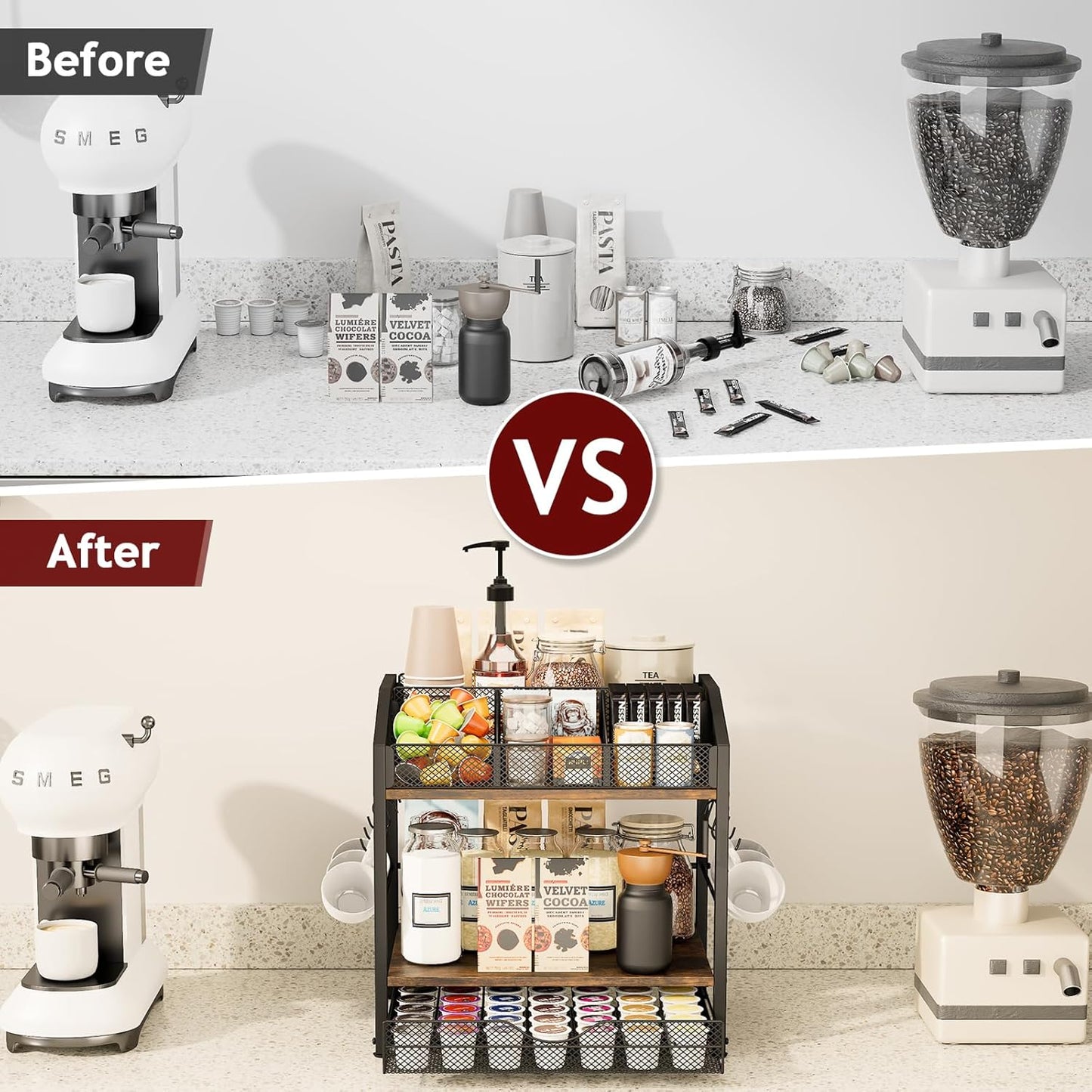 Coffee Bar Organizer - Countertop Coffee Station, 42 K Cup holder Storage Basket with Drawer and Hooks for Syrup, Cups, Stirrer, Condiment, Tea Organizer, Black and Brown