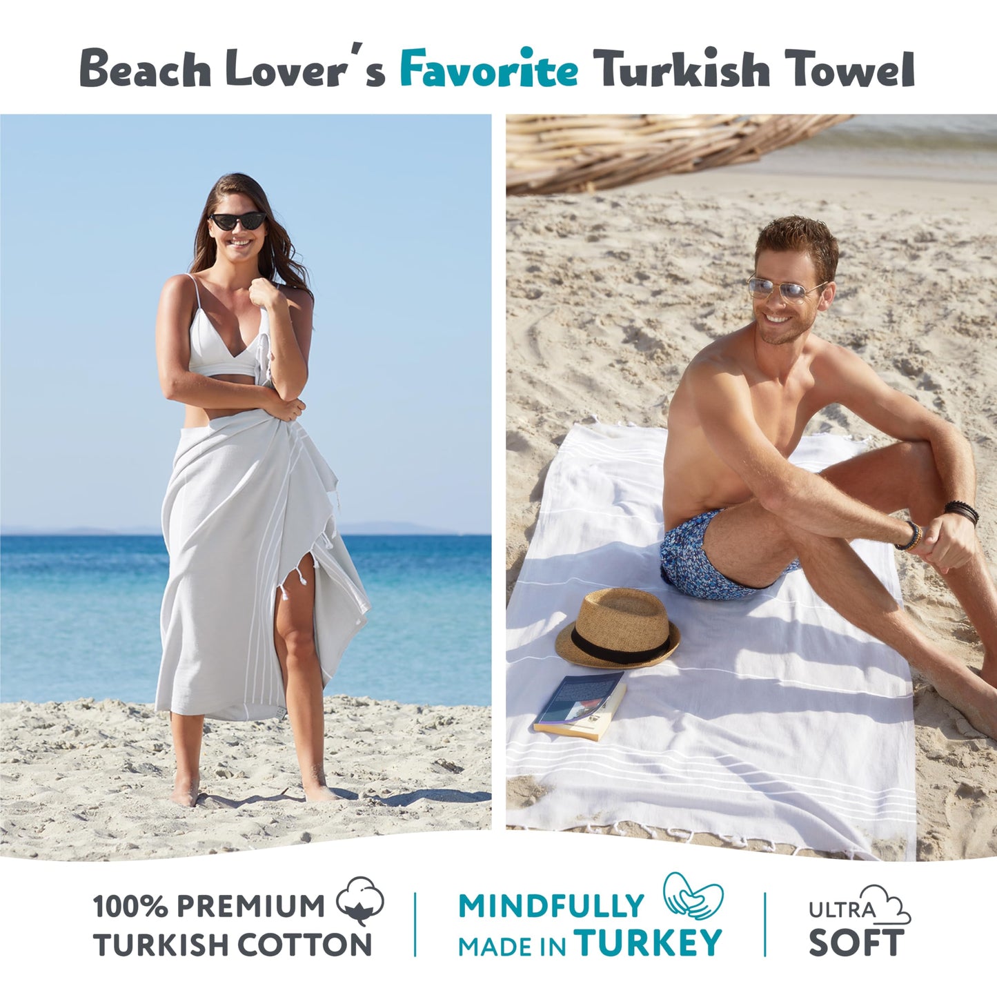 WETCAT Turkish Beach Towel Oversized 38x71 100% Cotton Sand Free Quick Dry Extra Large Light Travel Towel for Adults Beach Accessories Gifts - Grey