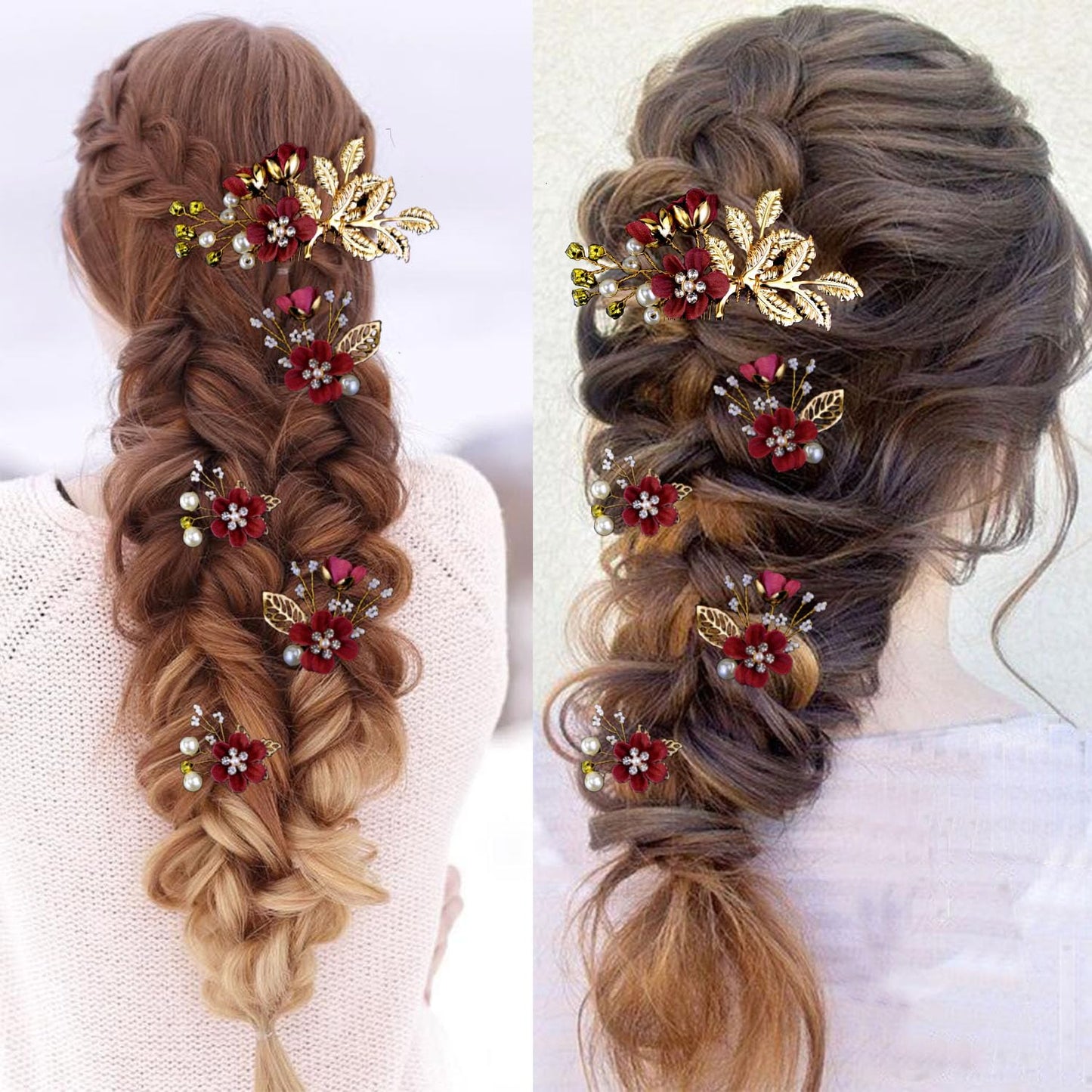 5 PCS Bridal Flower Wedding Hair Pins Crystal Pearl Headpiece Gold Wedding Hair Accessories Jewelry Rhinestone for Brides Bridesmaids Women Girls Updo, Exquisite Flower Leaves&Elegant Burgundy