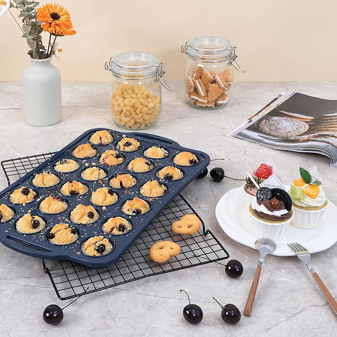 2 Pack Mini Silicone Muffin Pan with Metal Frame, Non Stick Silicone Cupcake Pan with Handles 24 Cup, BPA Free Silicon Muffin Tin Tray Small for baking, egg bites, Cupcake Mold Grey