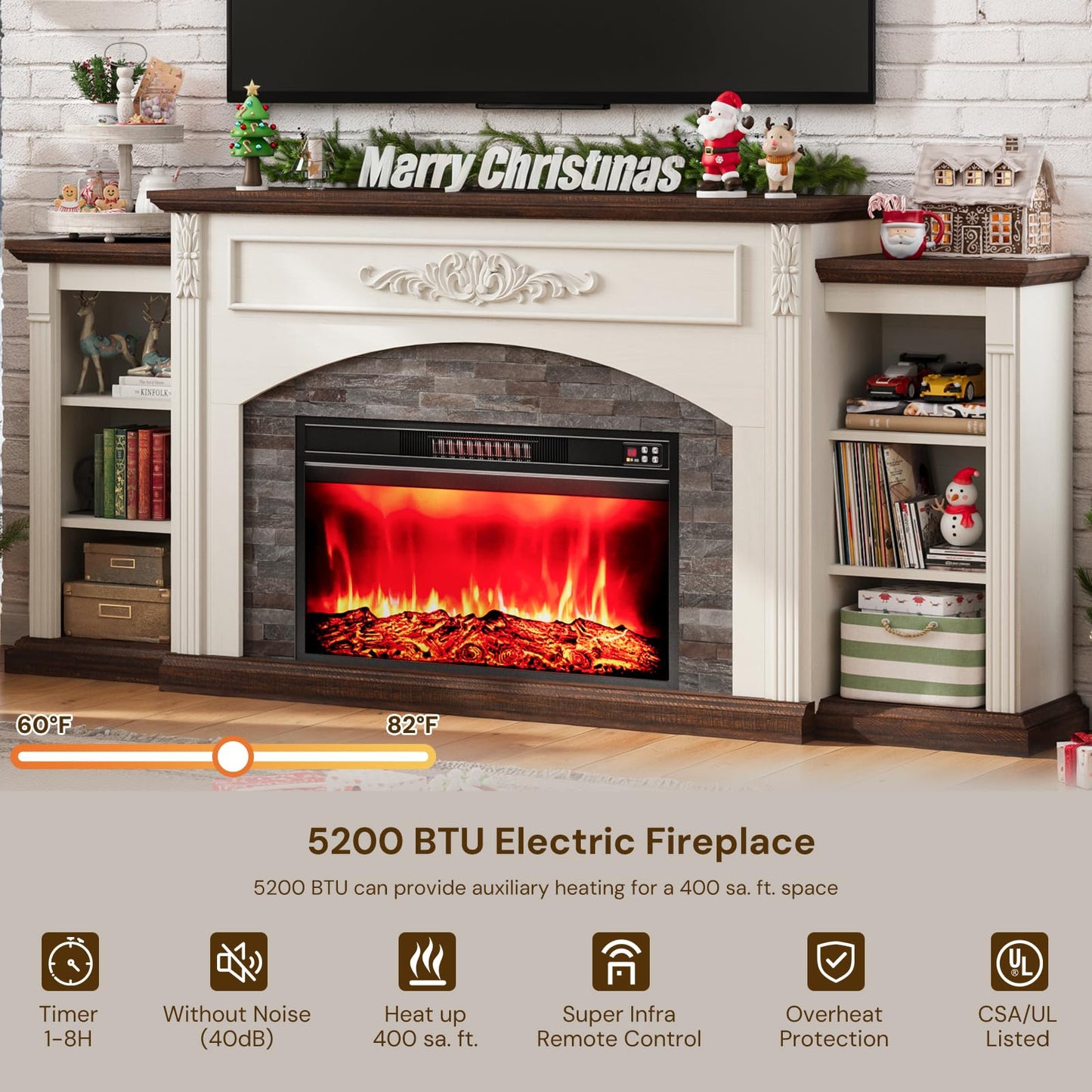 80" Electric Fireplace with Mantel, Fireplace TV Stand for TVs Up to 90",Modern Entertainment Center with Realistic Stacked Stone Surround,Wooden Carved Decorative Mantel, Ideal for Living Room