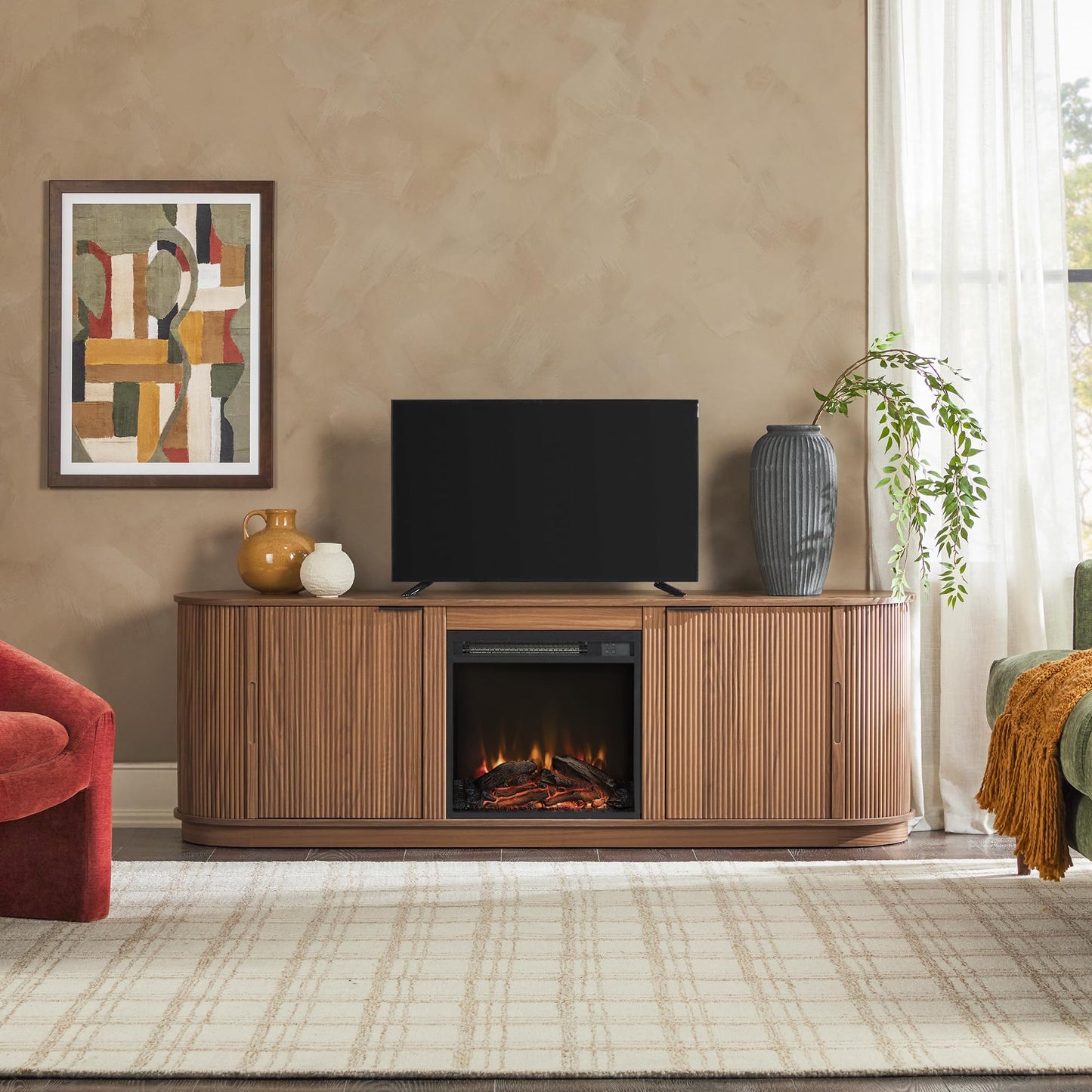 Walker Edison Chloe Reeded TV Stand with Fireplace Insert, 75 Inch, 70 Inch, Mocha