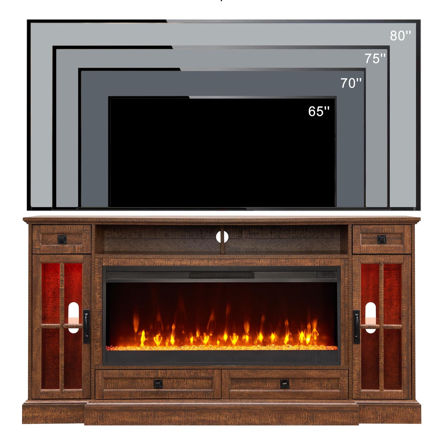 OKD Fireplace TV Stand for 80 Inch TV, Farmhouse Entertainment Center with 42" Fireplace & LED Lights, Modern Media Console Table with Storage Drawers & Cabinets for Living Room, Reclaimed Barnwood