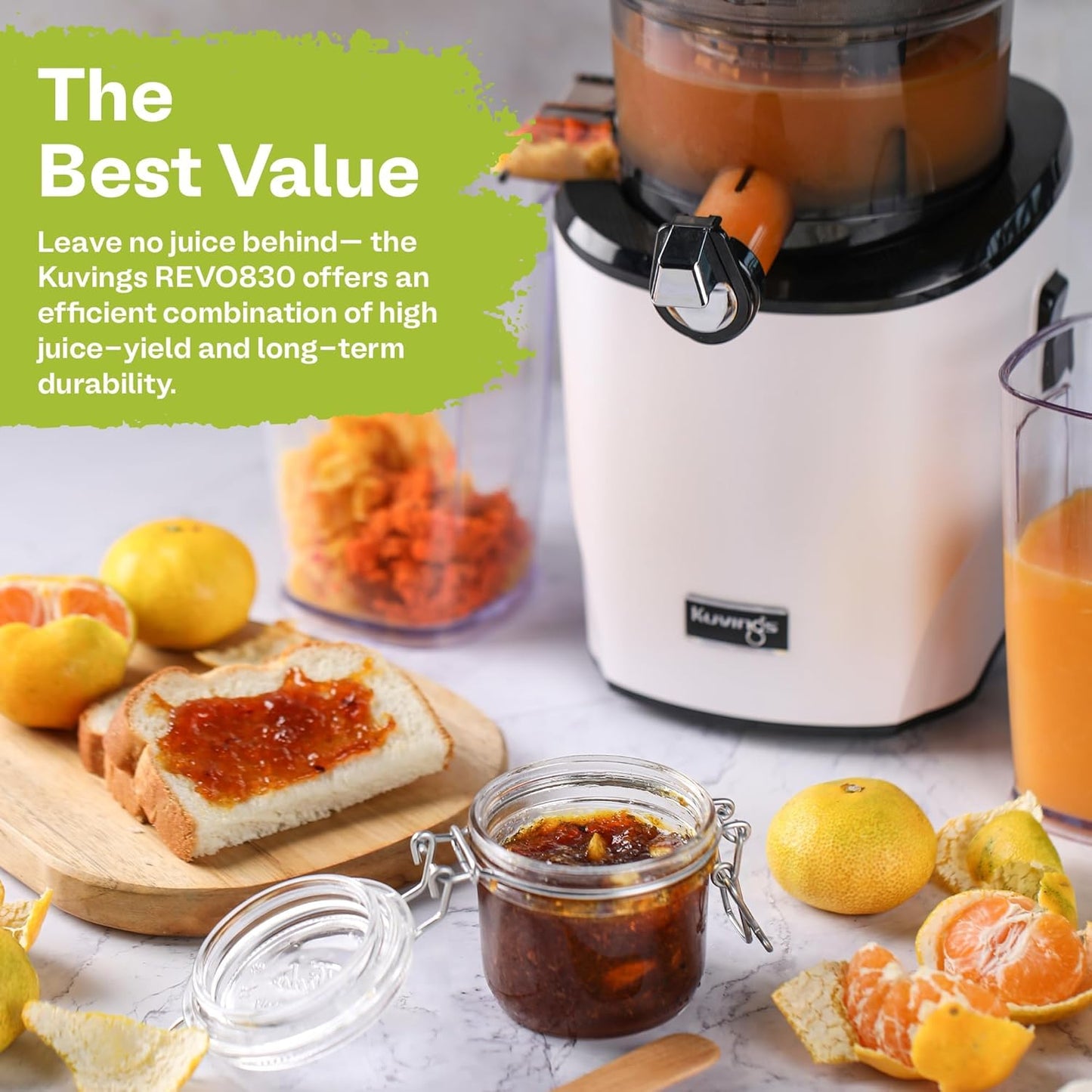 Kuvings Whole Slow Juicer REVO830SWP Cold Press Masticating Juicer Machine - Extra Wide 88mm & 48mm Food Chutes - Quiet Strong Motor Auto-Cut Fruits & Veggies - Smoothie Sorbet Attachment - White