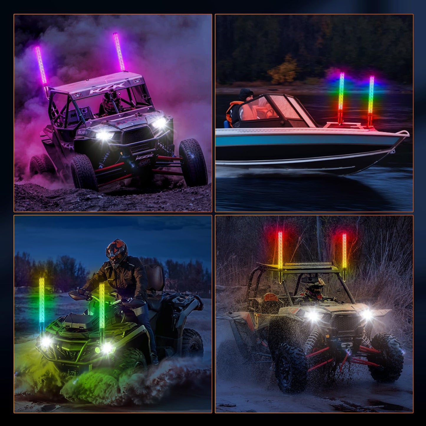 Ehaho 2PCS 2FT Fat Whip Lights for UTV ATV with Spring Base, Led Fatty Whip Light W/Rocker Switch & 6 Flags, Brighter Spiral Chasing Lighted Antenna Whip with APP & Remote Control for RZR SXS Can-Am