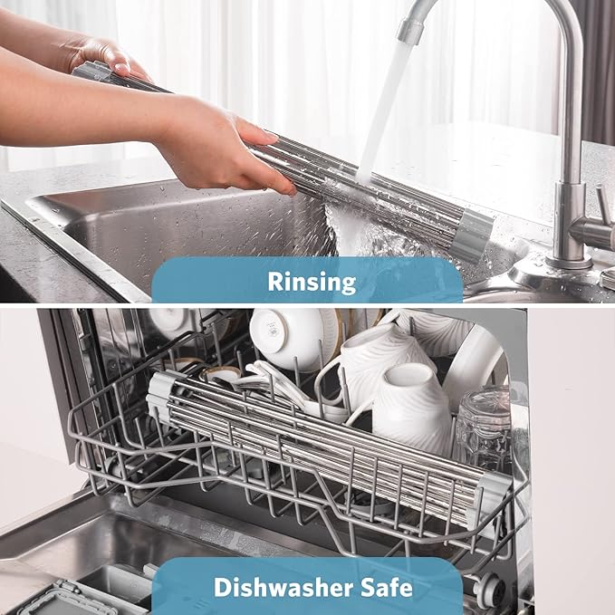 Upgraded Roll Up Dish Drying Rack(17.1โ x 13.1โ) Over Sink Dish Drainer Foldable Stainless Steel Trivet for Kitchen Countertop