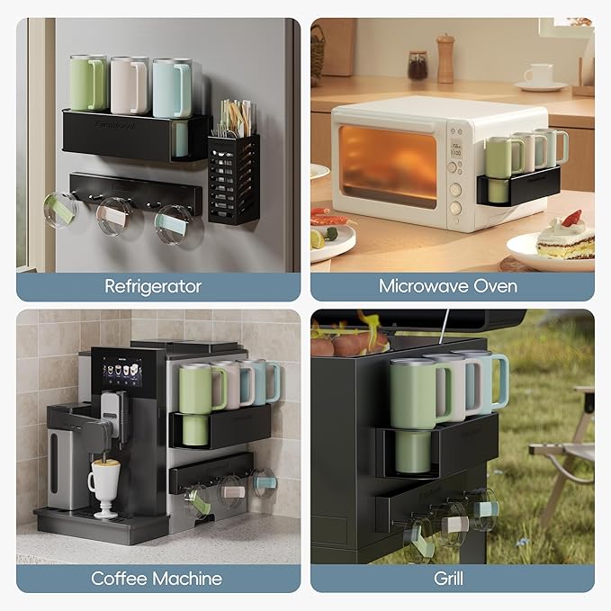 Magnetic Cup Holder for Fridge for 20/30/40 oz Stanley Tumblers Water Bottle Holders & Lid Hook Organizers 2 Pack with Straw Accessories Storage (6 Cups, 10 Hooks)