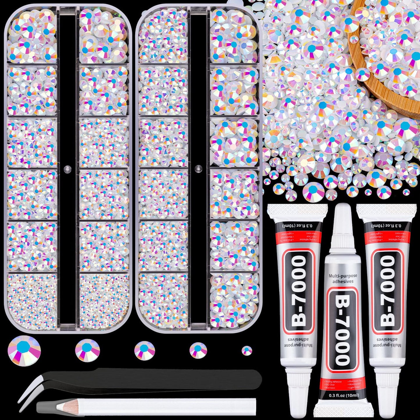 TINKRSTUFF Resin Jelly Rhinestones for Crafting with B7000 Jewelry Glue, 2 Boxes White AB Flatback Crystals with 3Pcs 10ml Glue, Bedazzling Non Hotfix Gems for DIY Tumblers Clothing Shoes Manicure
