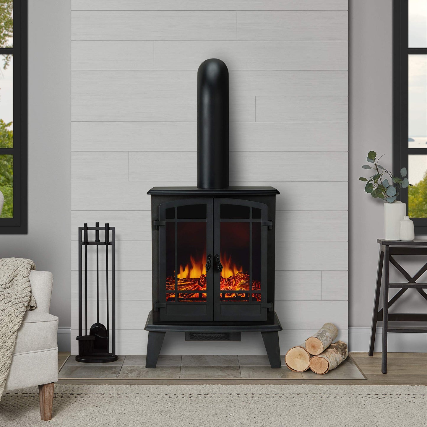 Real Flame Foster 25" Stove Electric Fireplace for Living Room or Bedroom, Realistic Log and Flame Effect, Freestanding Fireplace with Adjustable Thermostat, Auto Shut-Off