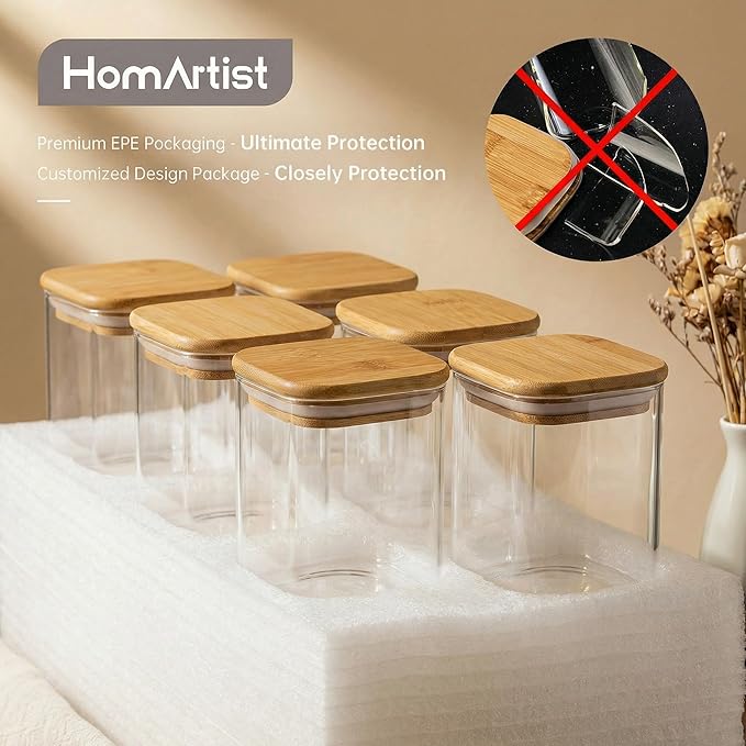 42oz & 27oz - 4 Pack Square Glass Jars with Bamboo Lids, Glass Food Storage Containers with Airtight Lids for Kitchen, Air Tight Pantry Storage Containers for Cereal, Pasta, Rice, Sugar, Coffee, Spice