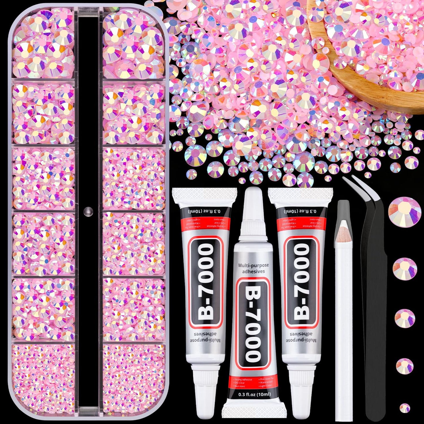 Resin Jelly Rhinestones for Crafting with B7000 Jewelry Glue, 1 Box Light Pink AB Flatback Crystal with 3Pcs 10ml Glue, Bedazzling Non Hotfix Gems for DIY Tumblers Clothing Shoes Manicure