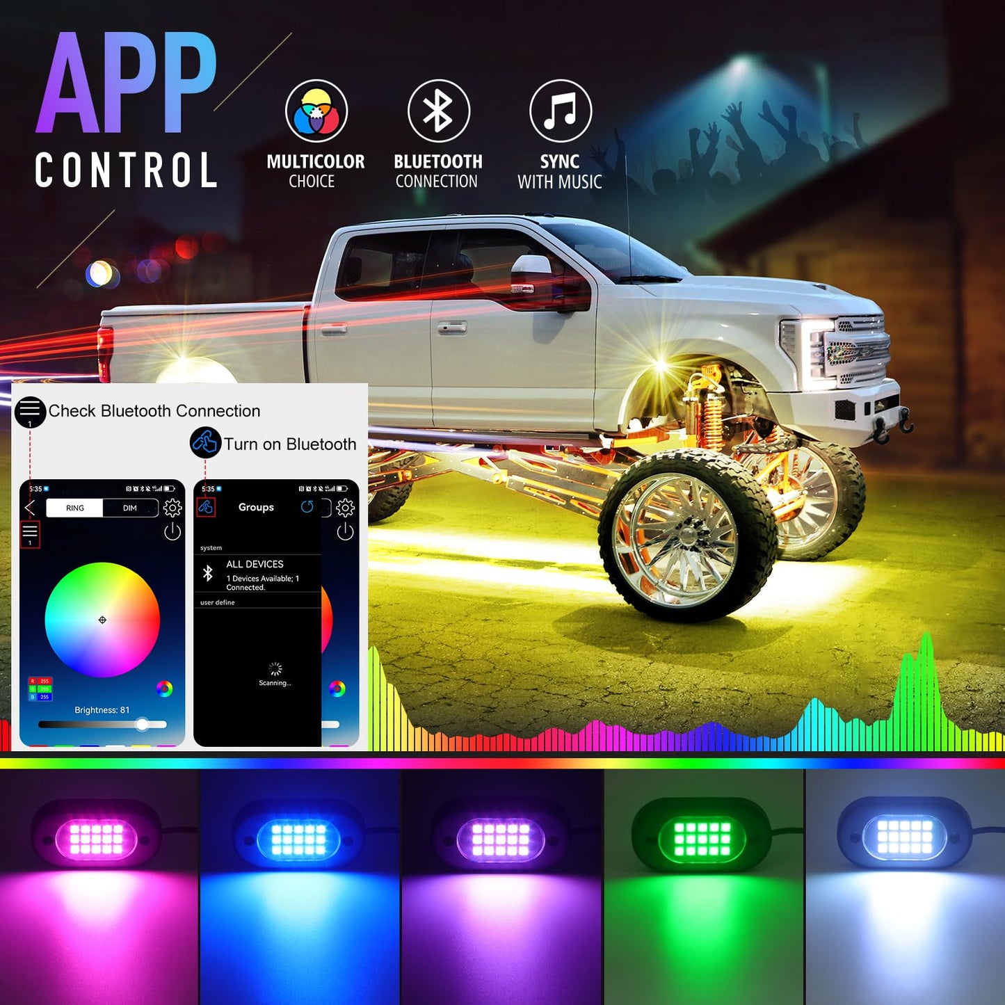 Honalia LED Rock Lights for Trucks 10 Pods, RGB Truck Rock Lights Kits with App Control for ATV UTV RZR