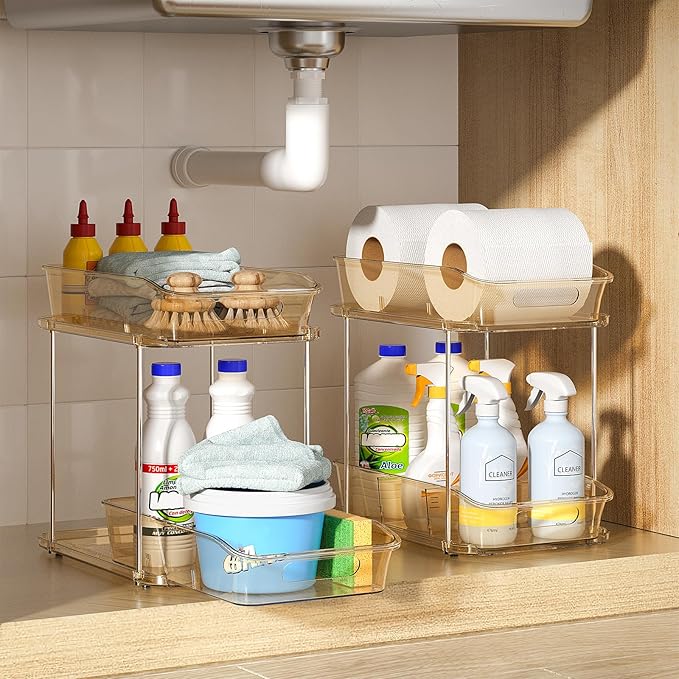 Delamu 2-Tier Under Sink Organizers and Storage, Multi-Purpose Stackable Bathroom Cabinet organizers, Pull Out Kitchen Pantry Organization and Storage with Dividers(4 Pack, Amber)