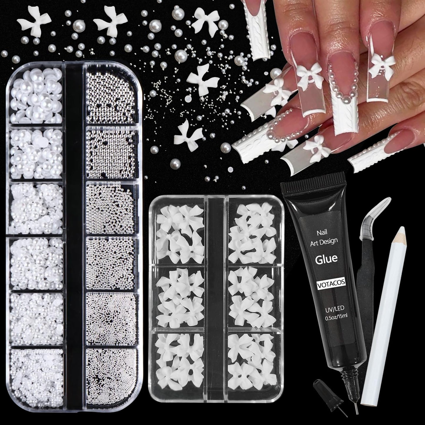 VOTACOS Nail Art Charms White Bow Nail Rhinestones with Nail Glue Gel Flatback Pearls Nail Gems Luxurious Nail Supplies Accessories White Silver Nail Jewelry Pearls for Women Nail DIY Design