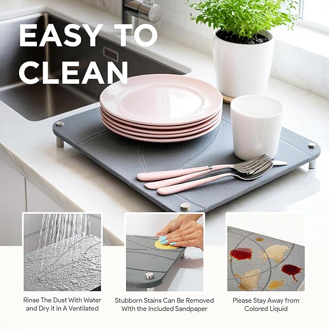 Large Stone Drying Mat for Kitchen Counter | 15.8โ x 11.8โ Dish Drying Mat Large | Diatomaceous Earth Collapsible Stone Dish Drying Mat | Collapsible Stone Mat for Kitchen Counter (Dark Gray)