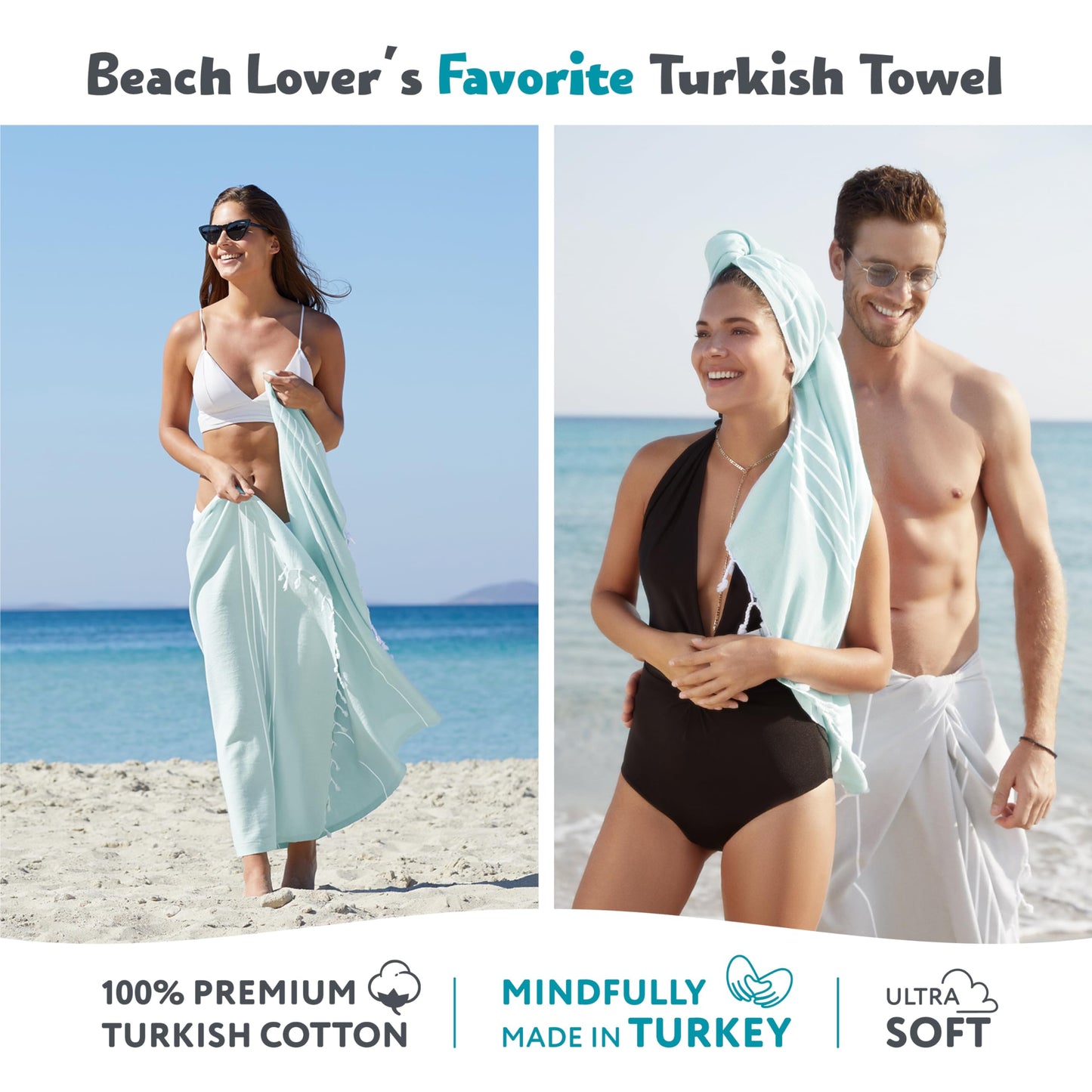 WETCAT Turkish Beach Towel Oversized 38x71 100% Cotton Sand Free Quick Dry Extra Large Light Travel Towel for Adults Beach Accessories Gifts - Aquamarine