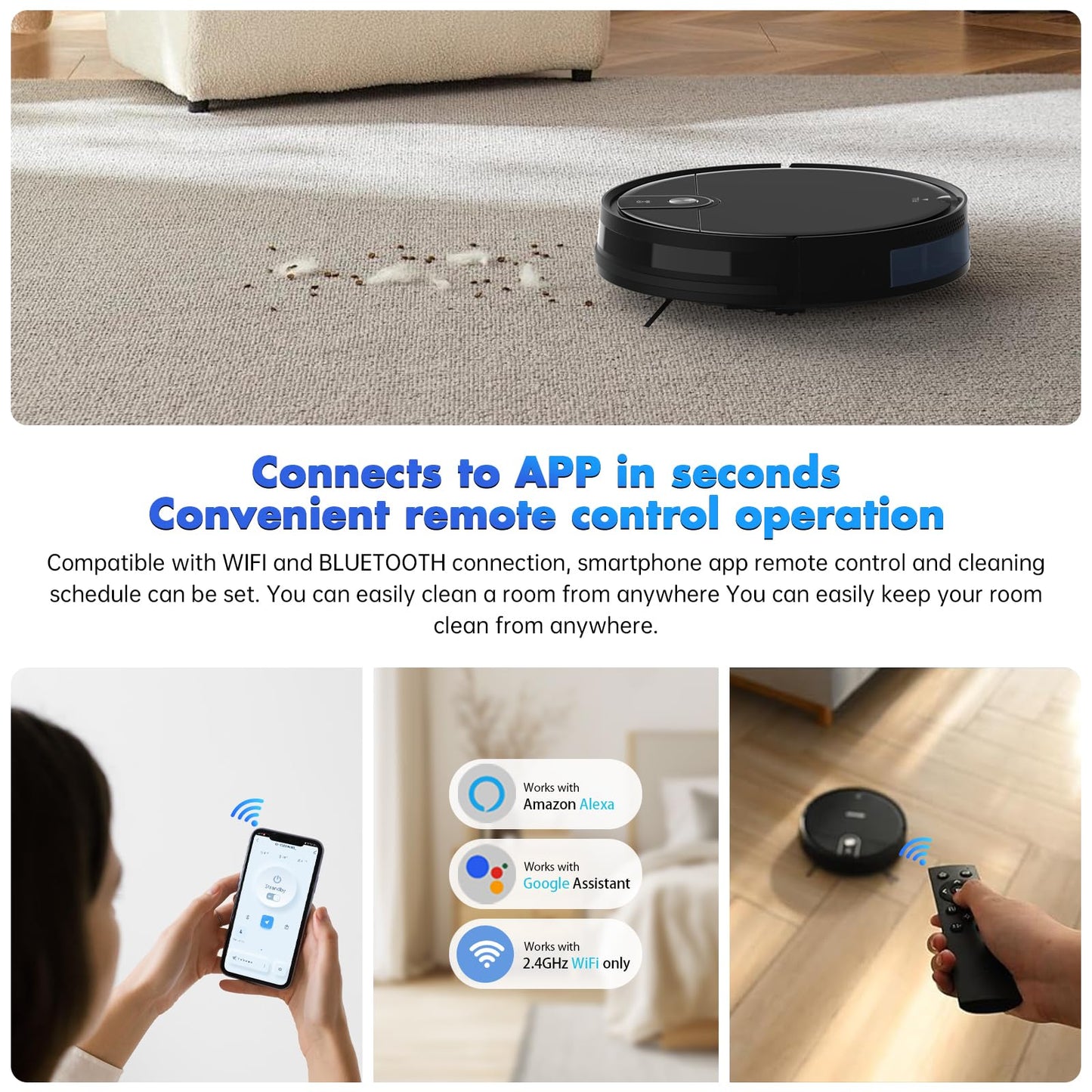 ATTELL Robot Vacuum and Mop Combo,3000Pa Max Suction,120 Mins Runtime,2 in 1 Mopping Robot Vacuum Cleaner,Wi-Fi/App/Remote,Self-Charging,for Pet Hair,Hard Floors and Low Pile Carpet,Black