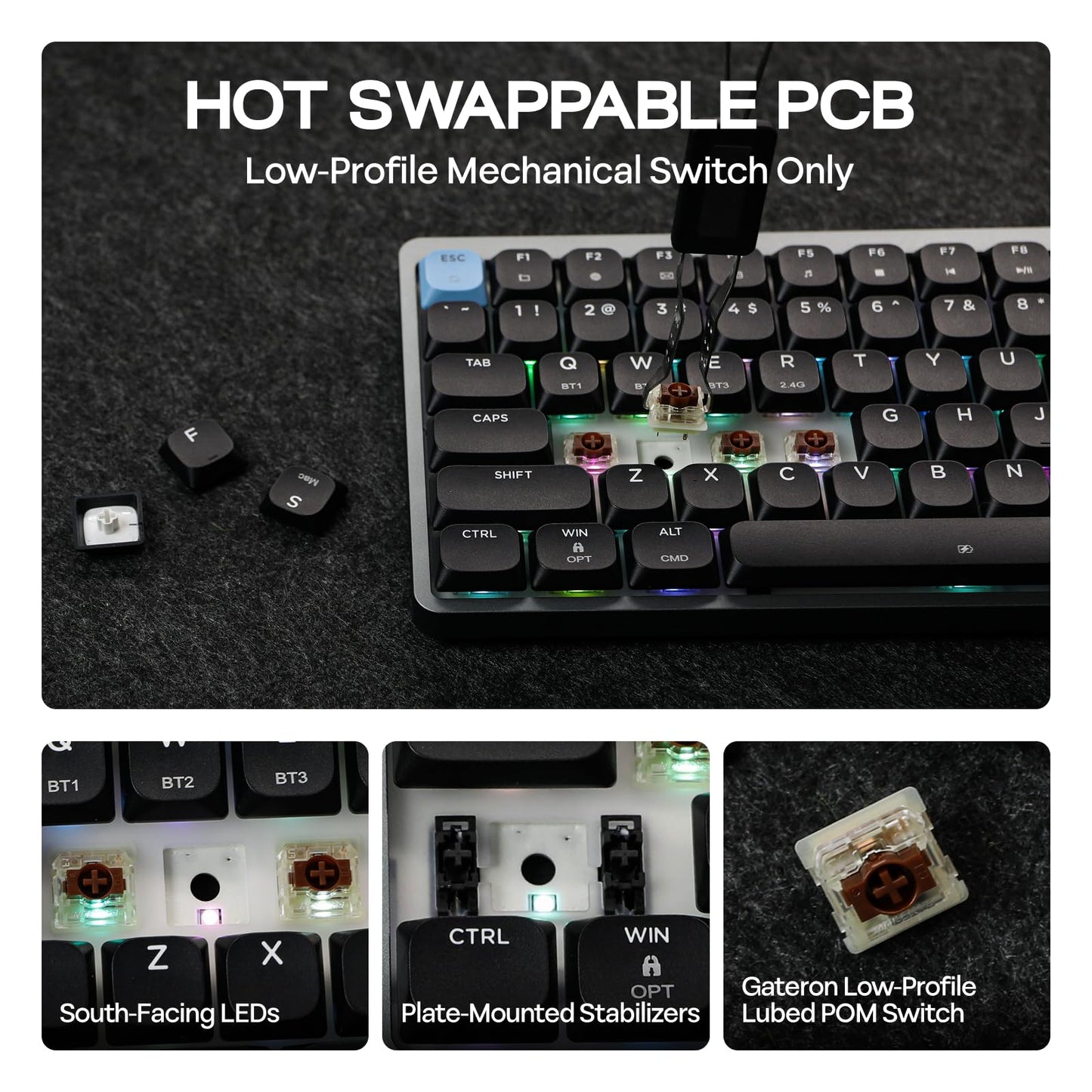 EPOMAKER Luma84 Low Profile Aluminum Mechanical Keyboard, QMK/VIA Programmable, Tri-Mode Wireless, Win/MAC/Linux Compatible, RGB Backlight (Black&Blue, Gateron Low-Profile Red Switch)