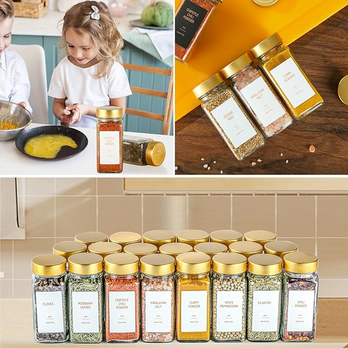 Gold Spice Jars with Label,4oz Seasoning Containers, Glass Spice Bottles with Shaker Lids,Funnel, Chalk Pen for Cabinet,Drawer,Rack(24)