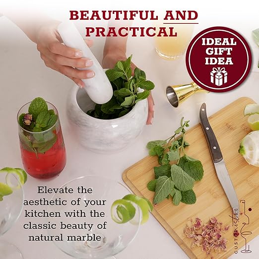 Gusto Nostro Natural Marble Mortar and Pestle Set | 5 Inch - 2.5 Cup Large Mortar Pestle Set for Grinding Herbs, Nuts, Grains | Pesto Grinding and Guacamole Stone Bowl | Marble Spice Crusher