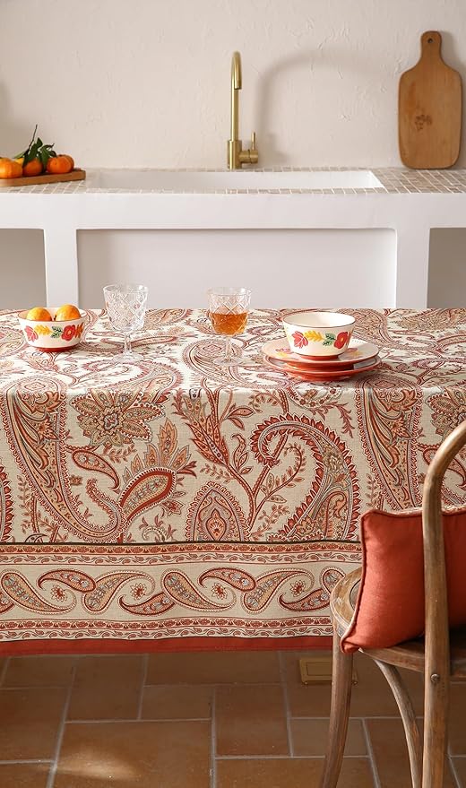 ISAENNE Designer French Red Tablecloth Rectangular,Fall Linen Table Cloth with Cashew Pattern,Stain Proof Decor Tablecloths for Dining Thanksgiving Kitchen Christmas,55"*79"-Chauffrey D