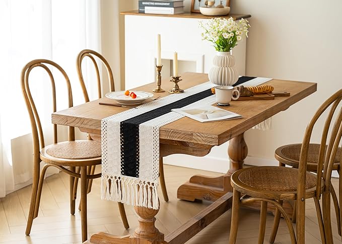 FEXIA Boho Table Runner for Home Decor with Tassels 108 Inches Long,Black Farmhouse Rustic Table Runner Macrame Burlap Table Decoration for Living Room Bridal Shower(12x108 Inches)