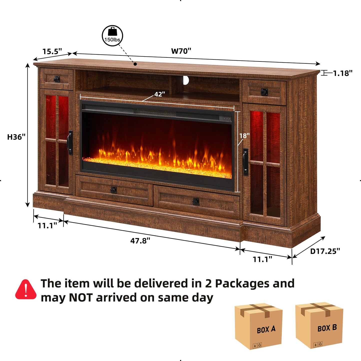 OKD Fireplace TV Stand for 80 Inch TV, Farmhouse Entertainment Center with 42" Fireplace & LED Lights, Modern Media Console Table with Storage Drawers & Cabinets for Living Room, Reclaimed Barnwood