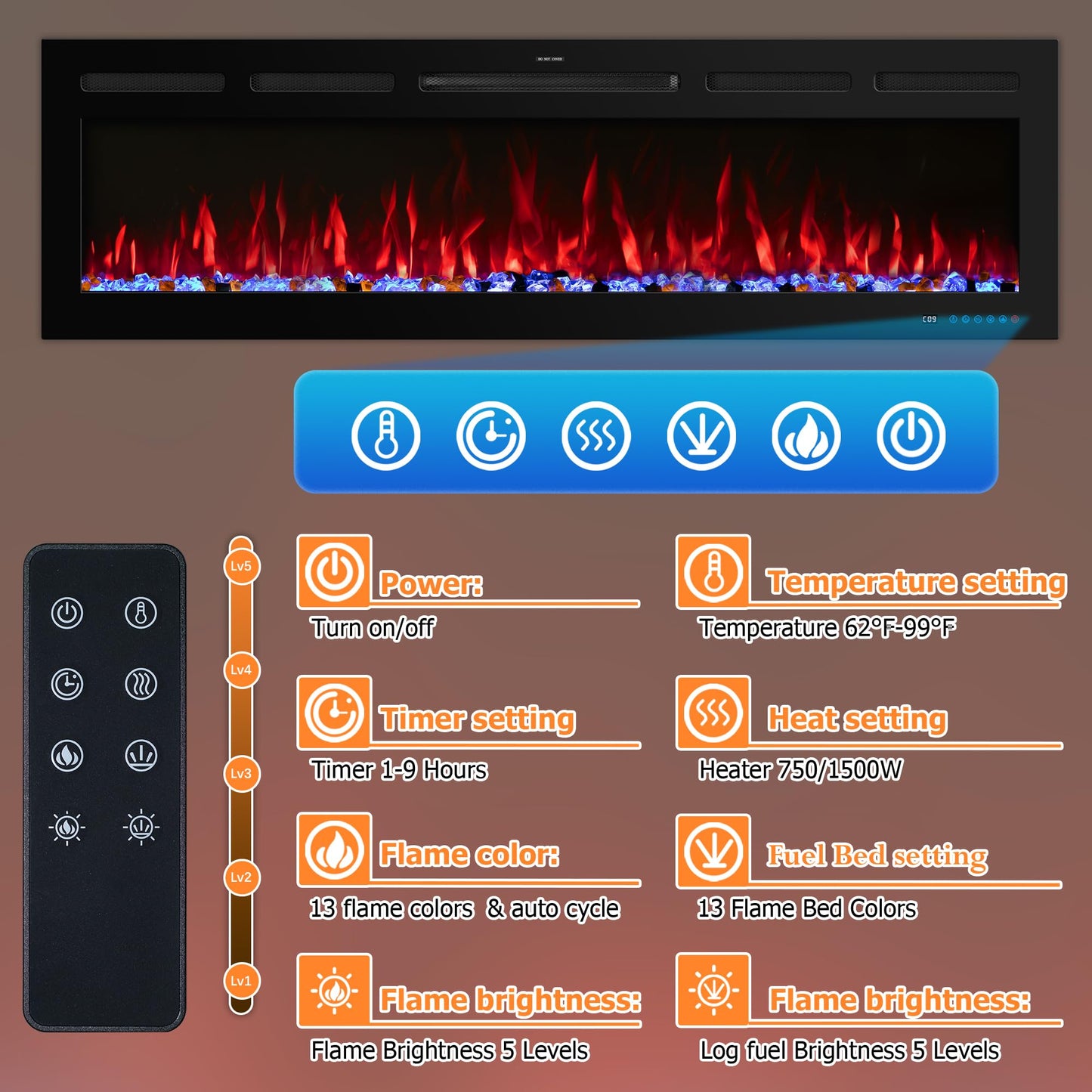 Velaychimney 48" Smart WiFi Electric Fireplace Insert, 13 Flame & Fuel Bed with Automatic Cycle, Fireplace Heater with APP Control & Thermostat, Timer, Recessed and Wall Mounted