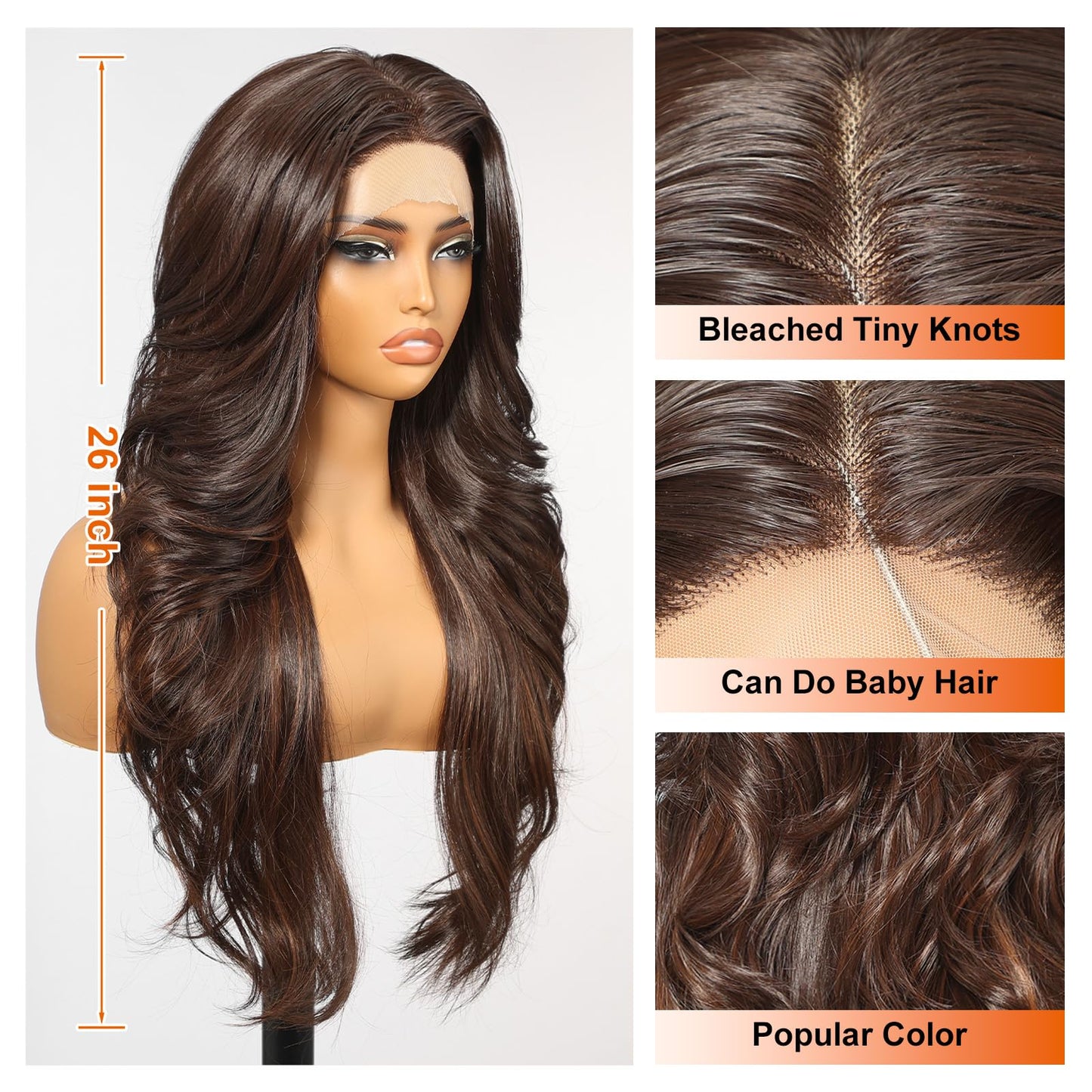 KOME Brown Synthetic Lace Front Wig,13x4 HD Lace Layered Wave Glueless Wigs for Women Daily Use 26IN
