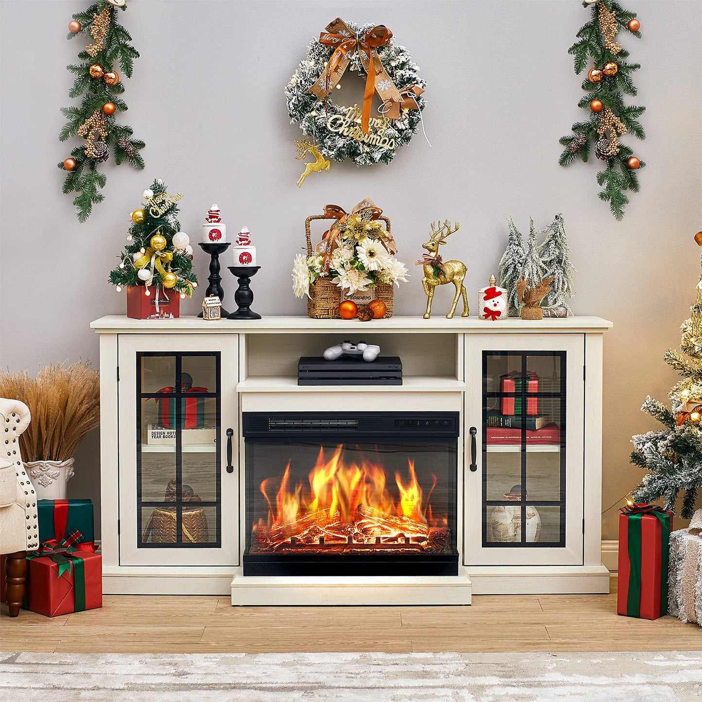 AMERLIFE 3-Sided Glass Fireplace TV Stand for TVs up to 65'' with 12 Color, Media Entertainment Center Console Table with Doors Closed Storage, Distressed White