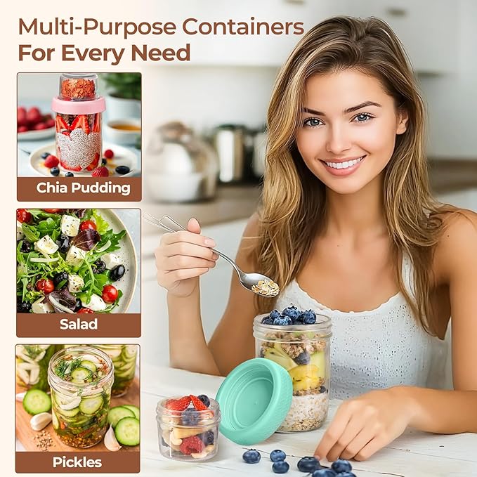 ComSaf Pink Overnight Oats Containers with Lids (16oz+4oz, 1Pcs), Glass Yogurt Parfait Cups for Cereal Nut Fruit, Dual-Layer Chia Pudding Jars with Dry and Wet Separation, Meal Prep, Glass for Salad